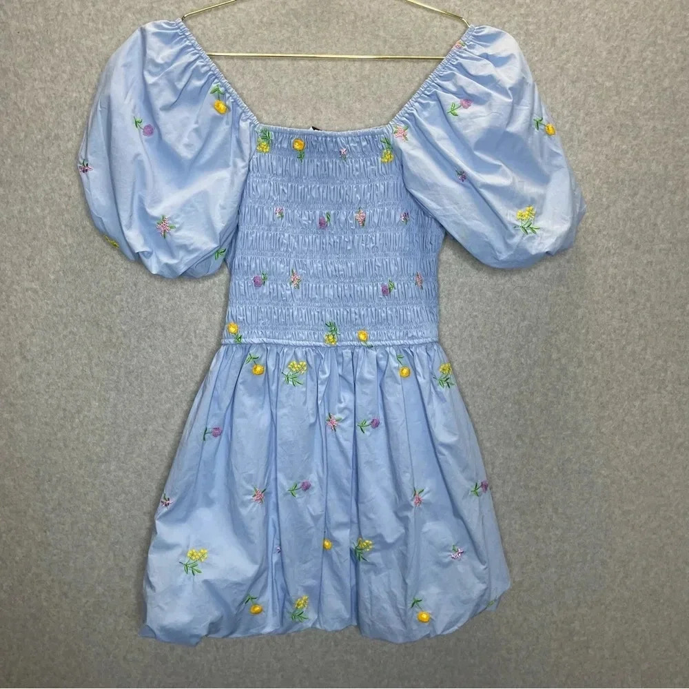 English Factory Floral Embroidery Cotton Puff Sleeve Mini Dress - Picture 9 of 9
